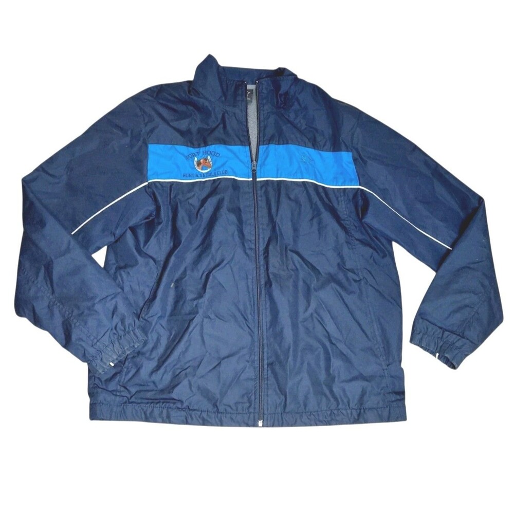 Vtg Starter Windbreaker Jacket L Navy Bright Blue Ft. Hood Hunt Saddle Club